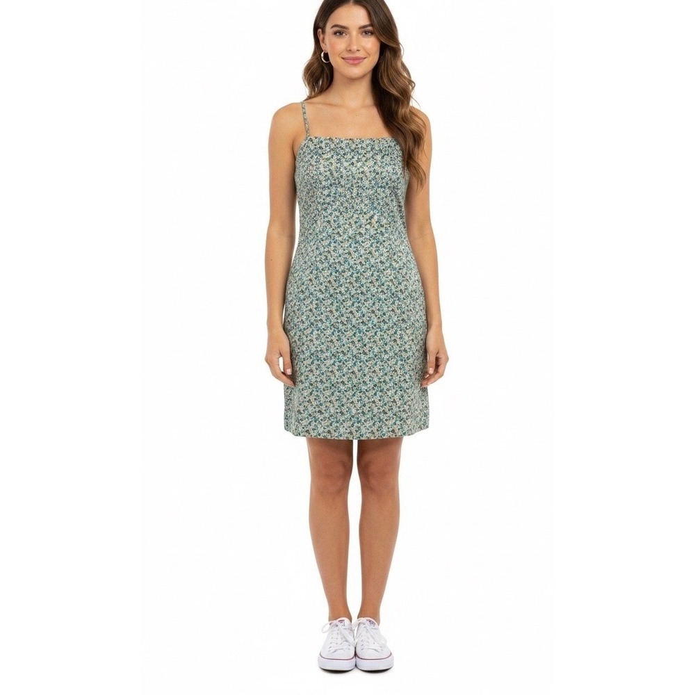 Ann Taylor Floral Spaghetti Strap Shift Dress Blue Tan Ditsy Print Size 6P